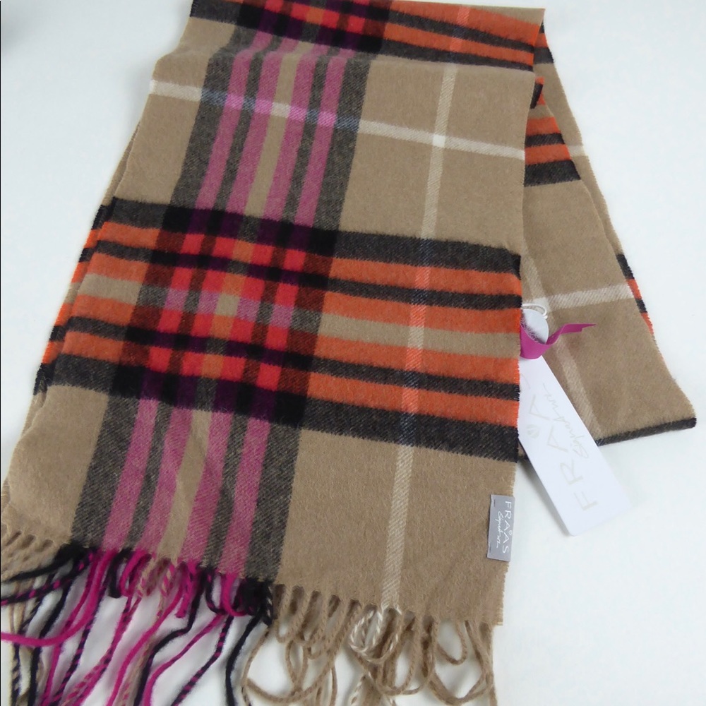 Fraas Plaid Fringed 100% Cashmere Scarf Camel Tan